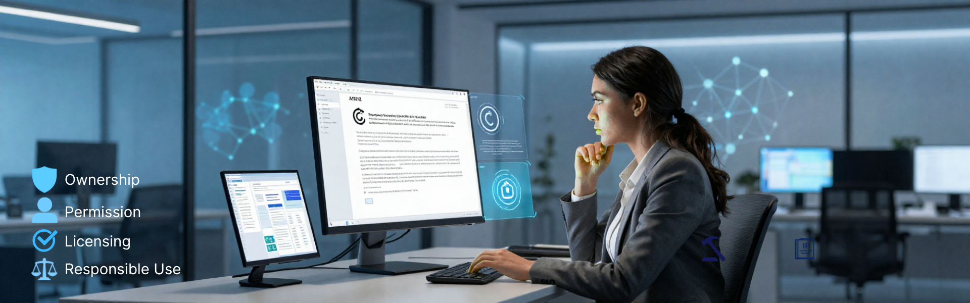Professional reviewing legal and digital business information in an AI-enabled environment